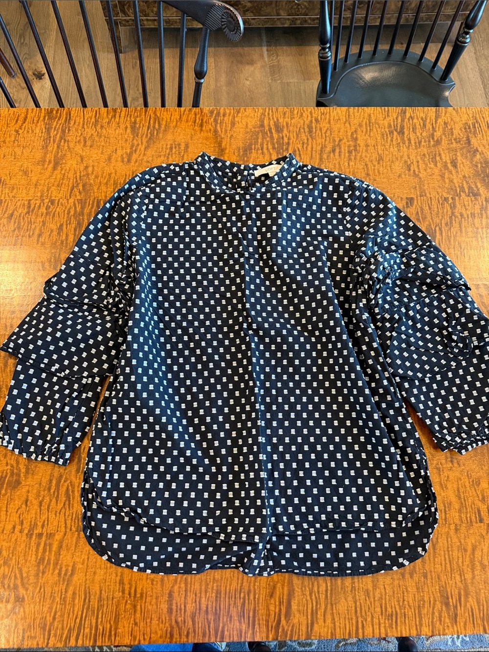 LOFT Navy Blouse with White Square Dot Print and Ruffle Sleeves